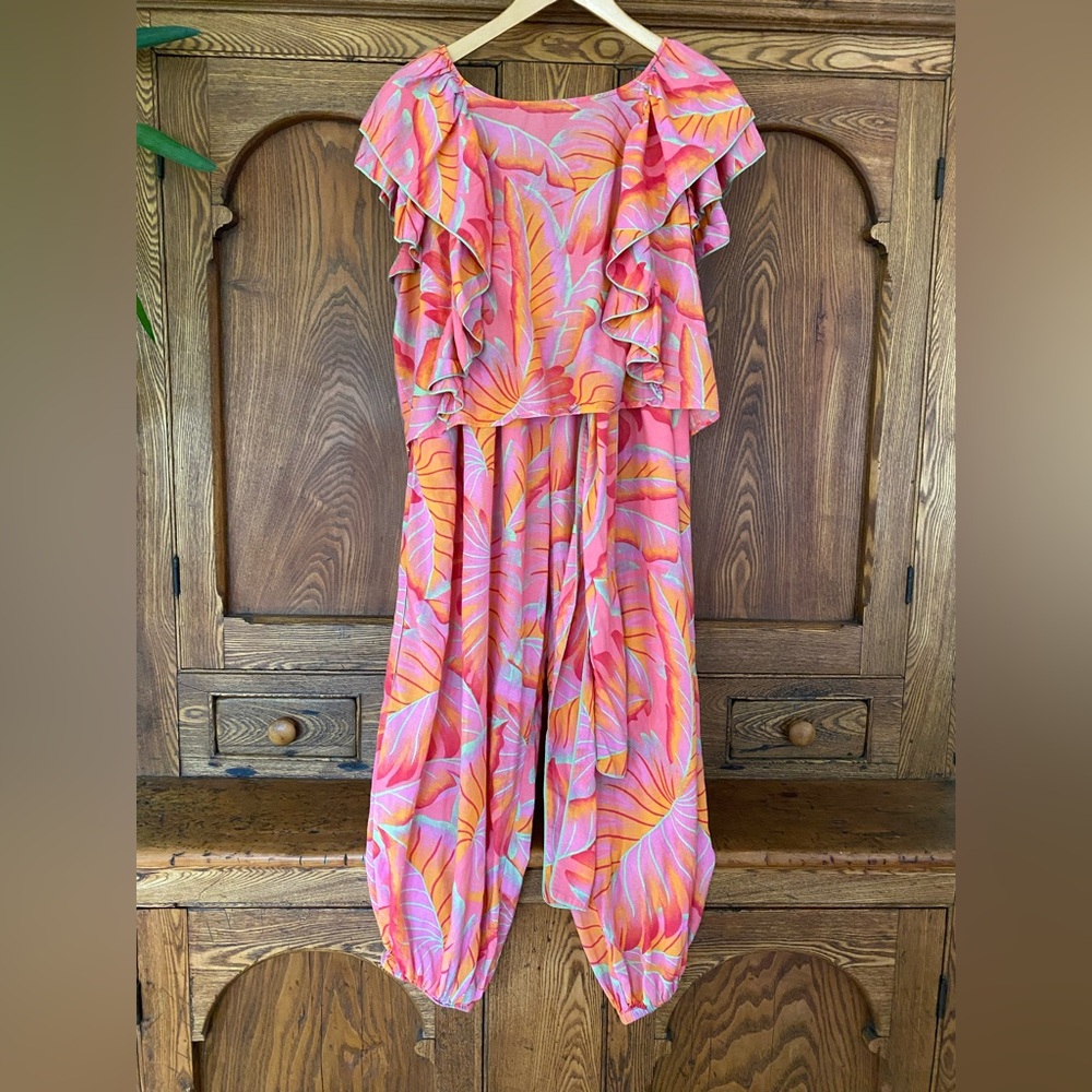 Farm Rio outfit set XL L belted pants top blouse pink orange leaves floral